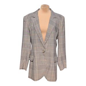 Marled Plaid Beige Gray Blazer Women’s XL Checkered One Button Jacket Corpcore